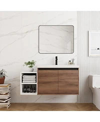 Sillysis Wall Mounted Bathroom Vanity with Resin Sink and Open Storage Shelves for Modern Small Bathrooms