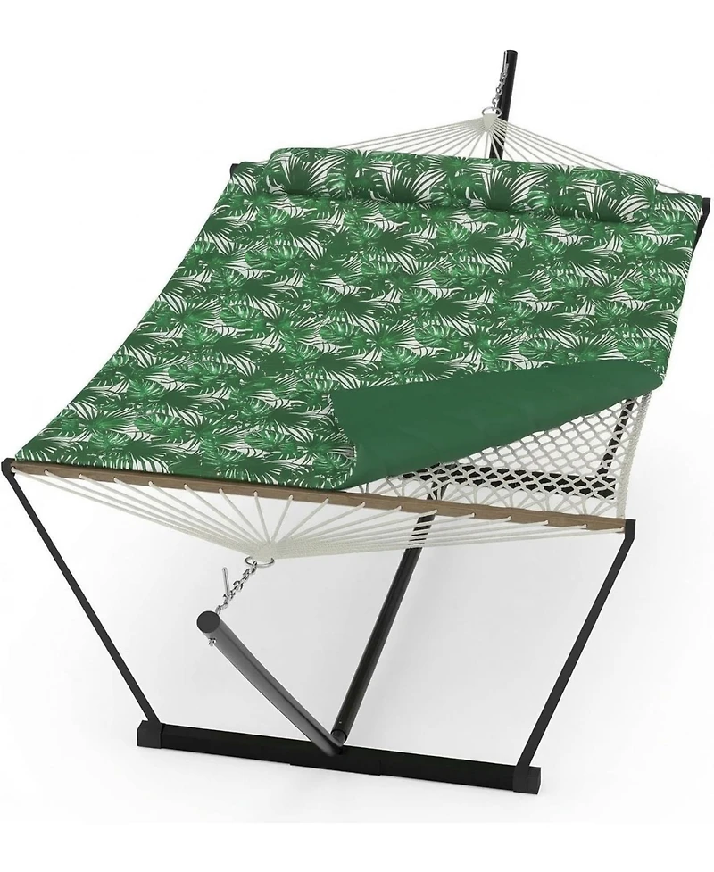 gaomon Double Hammock with Stand - 2-Person Cotton Rope Hammock with Polyester Quilted Pad and Pillow, 475 Lbs Capacity Portable Hammock for Garden