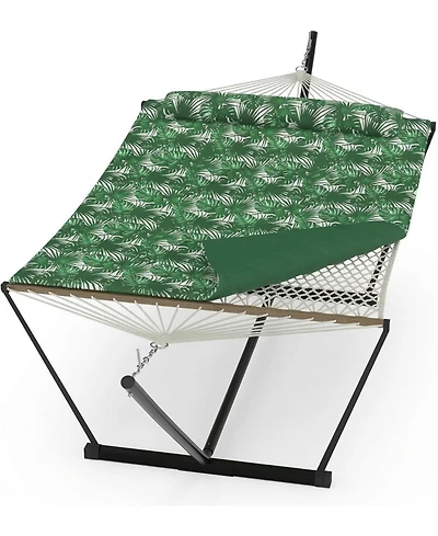 gaomon Double Hammock with Stand - 2-Person Cotton Rope Hammock with Polyester Quilted Pad and Pillow, 475 Lbs Capacity Portable Hammock for Garden