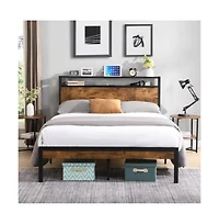 Lucky One Queen Size Metal Platform Bed Frame with Wooden Headboard and Footboard, Usb Ports, No Box Spring Needed, 10inch Under-Bed Storage