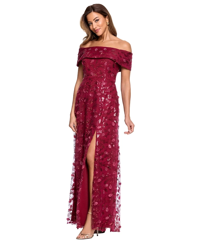 Xscape Petite 3D Embellished Mesh Off-The-Shoulder Ball Gown