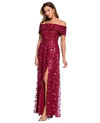 Xscape Petite 3D Embellished Mesh Off-The-Shoulder Ball Gown
