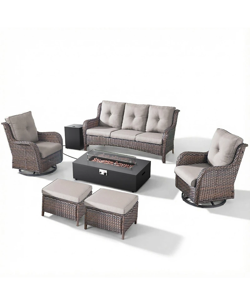 Pocassy 7 Pieces Outdoor Patio Furniture Sets with Fire Pit Kit,All Weather Wicker Sectional Sofa Swivel Chairs and Thick Cushion