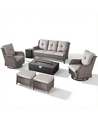 Pocassy 7 Pieces Outdoor Patio Furniture Sets with Fire Pit Kit,All Weather Wicker Sectional Sofa Swivel Chairs and Thick Cushion