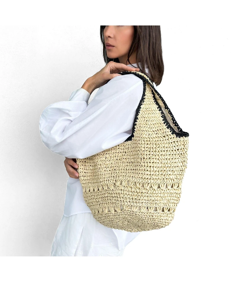Adornia Fine Women's Raffia Oversized Hobo Shoulder Bag with Edging