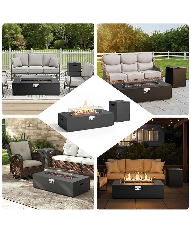 Pocassy 2-Piece Modern Fire Pit Table with Tank Table 50,000 Btu Deck Fire Pit Table Includes Wind Guard, Lid and Rocks