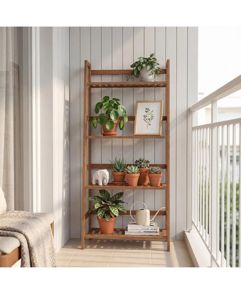 Gouun 4-Tier Bamboo Plant Rack with Guardrails Stable and Space-Saving