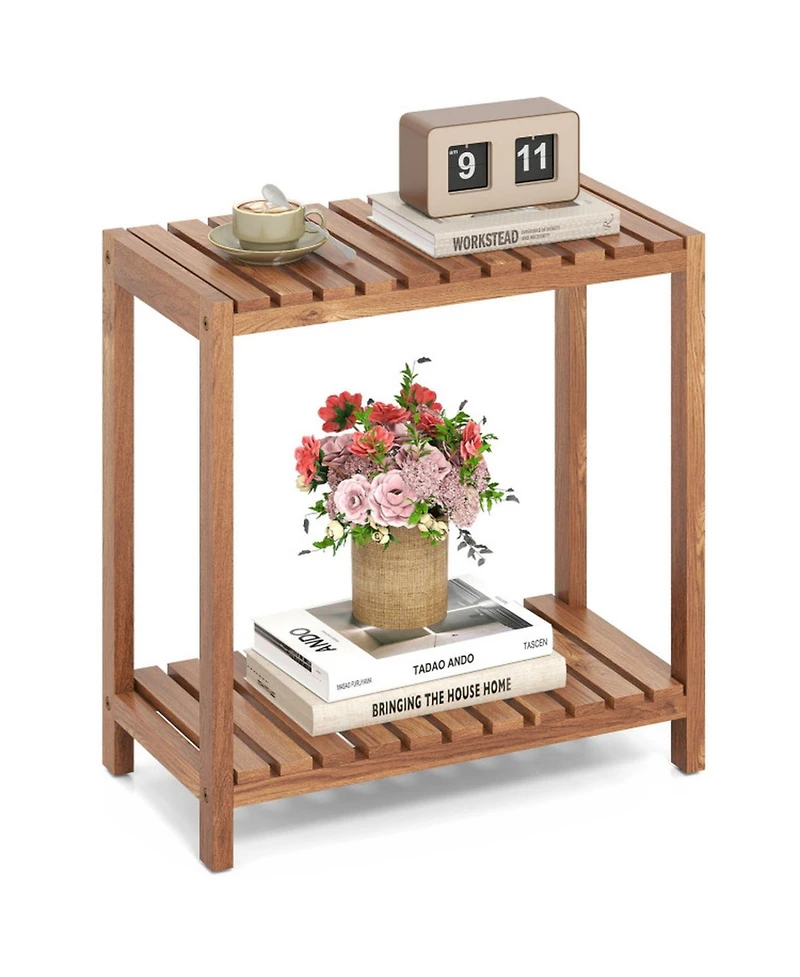 Gouun 2-Tier Teak Wood Plant Stand and Utility Shelf