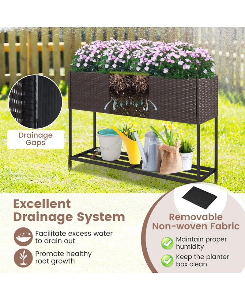 Gouun Elevated Wicker Raised Garden Bed with Storage Shelf and Drainage Gaps