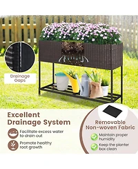 Gouun Elevated Wicker Raised Garden Bed with Storage Shelf and Drainage Gaps