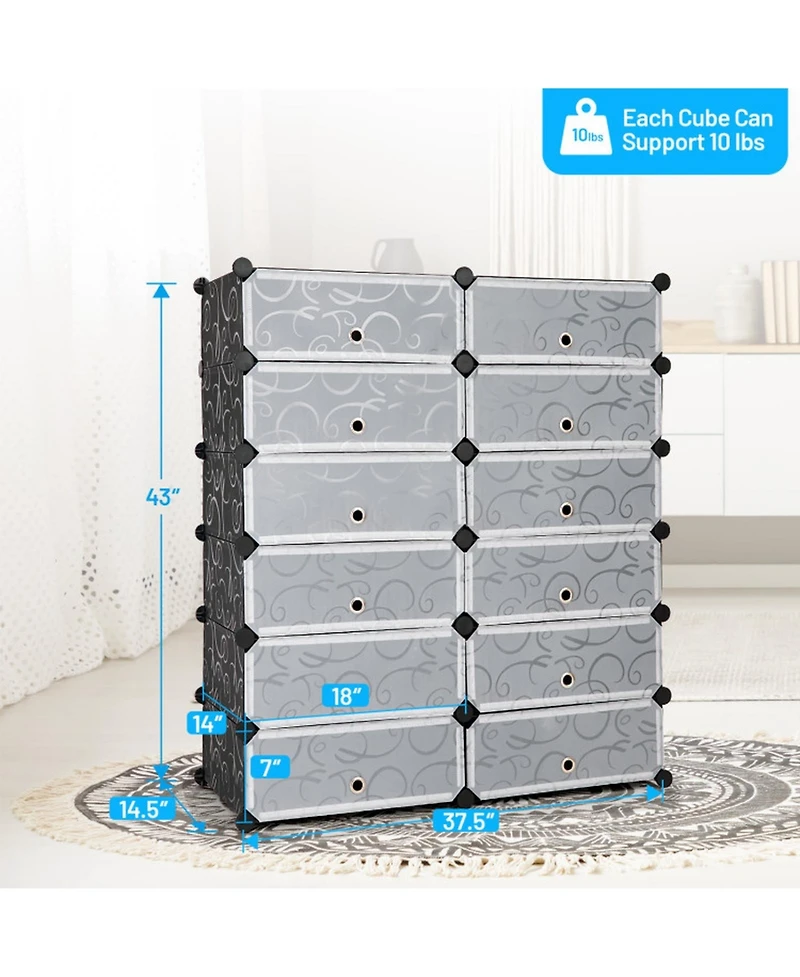 Gouun 12-Cube Diy Portable Plastic Shoe Rack Cabinet with Transparent Doors
