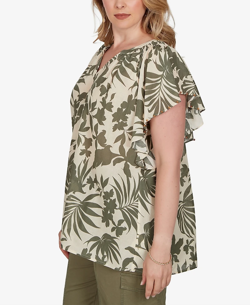 Ruby Rd. Plus Size Tropical Print Gauze Flutter-Sleeve Top