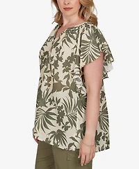 Ruby Rd. Plus Size Tropical Print Gauze Flutter-Sleeve Top