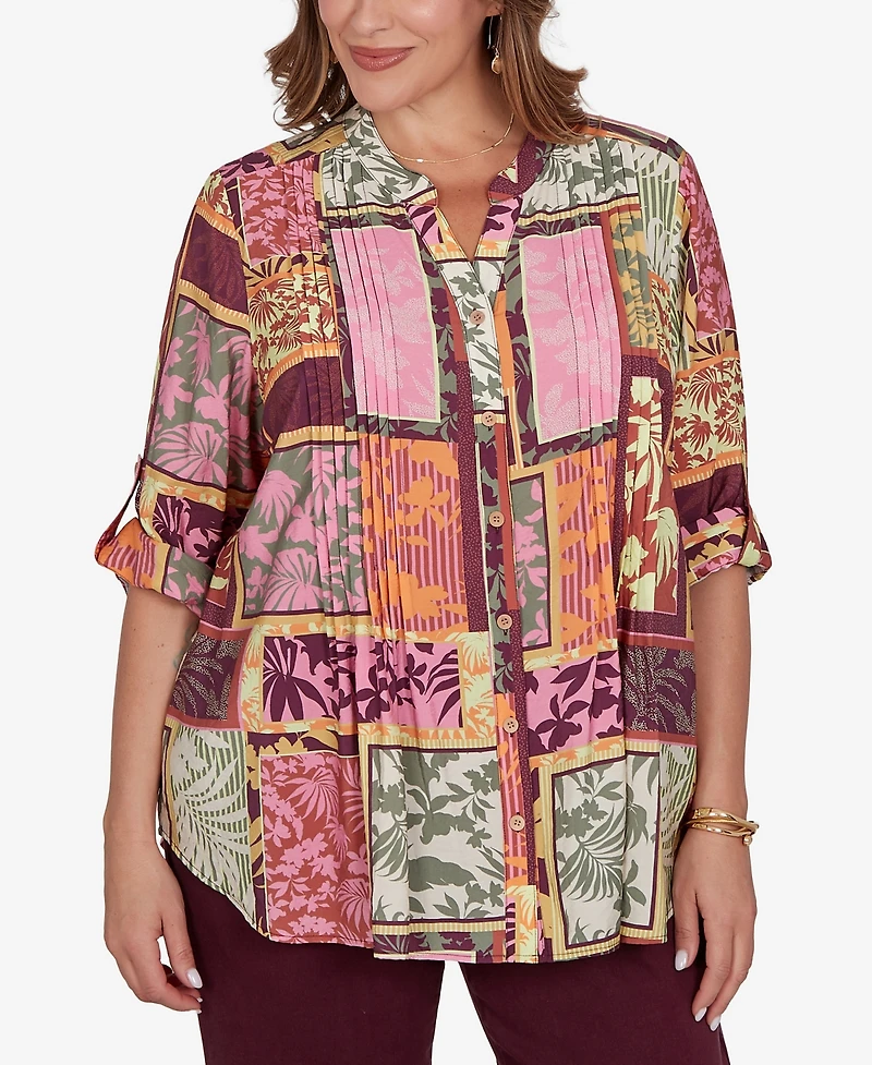 Ruby Rd. Plus Tropical Patchwork Voile Button Front Top