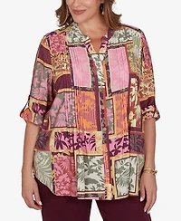 Ruby Rd. Plus Tropical Patchwork Voile Button Front Top