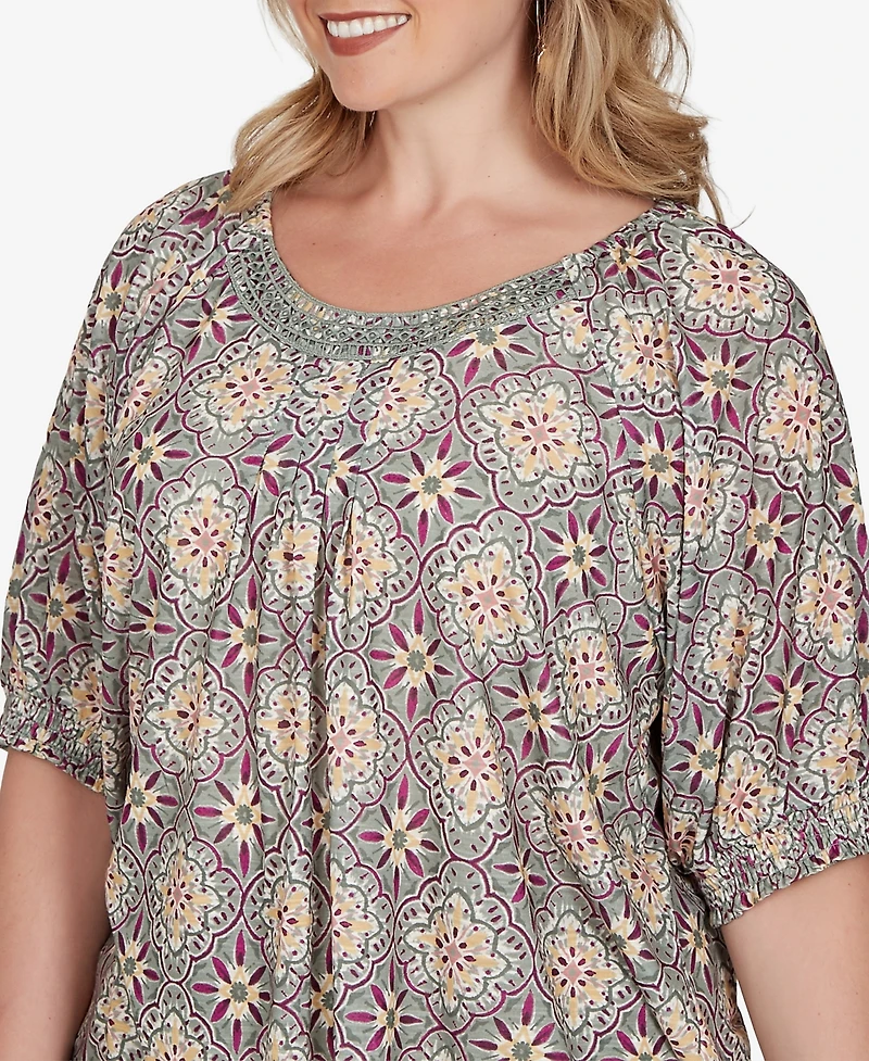Ruby Rd. Plus Desert Geo Print Lace Trim Knit Top