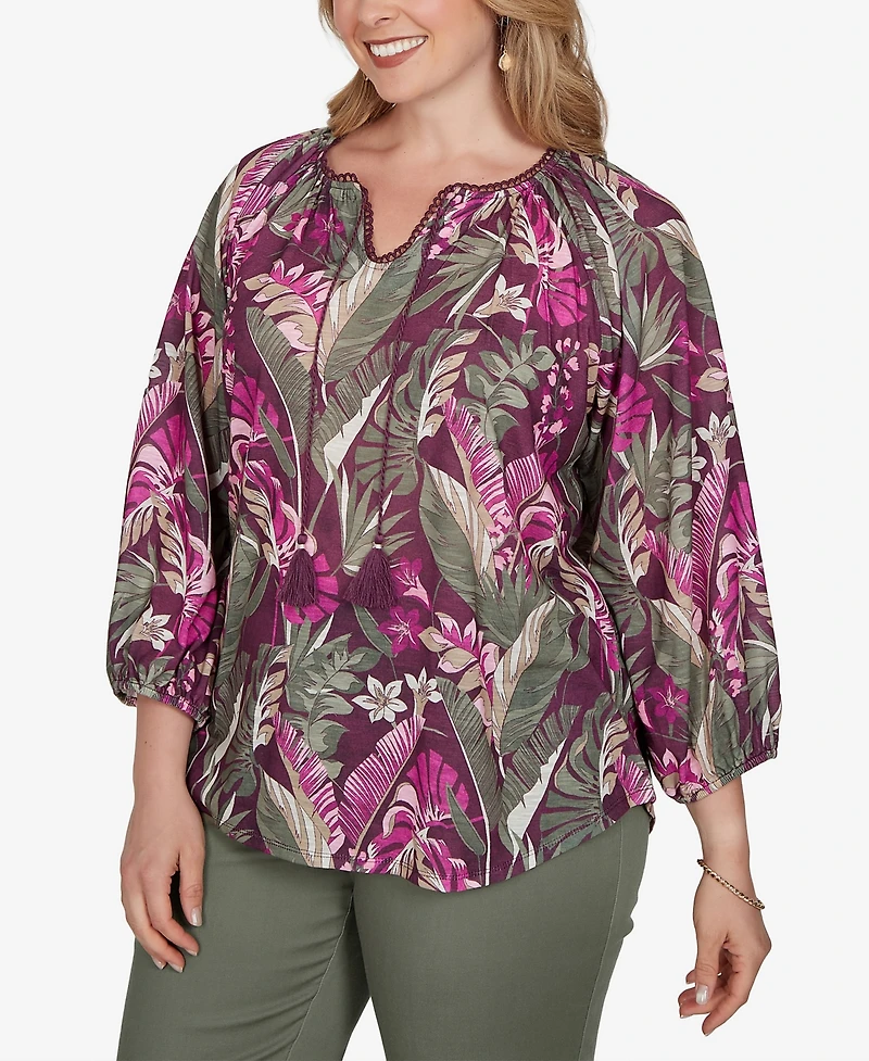 Ruby Rd. Plus Tropical Print Knit Tassel Top