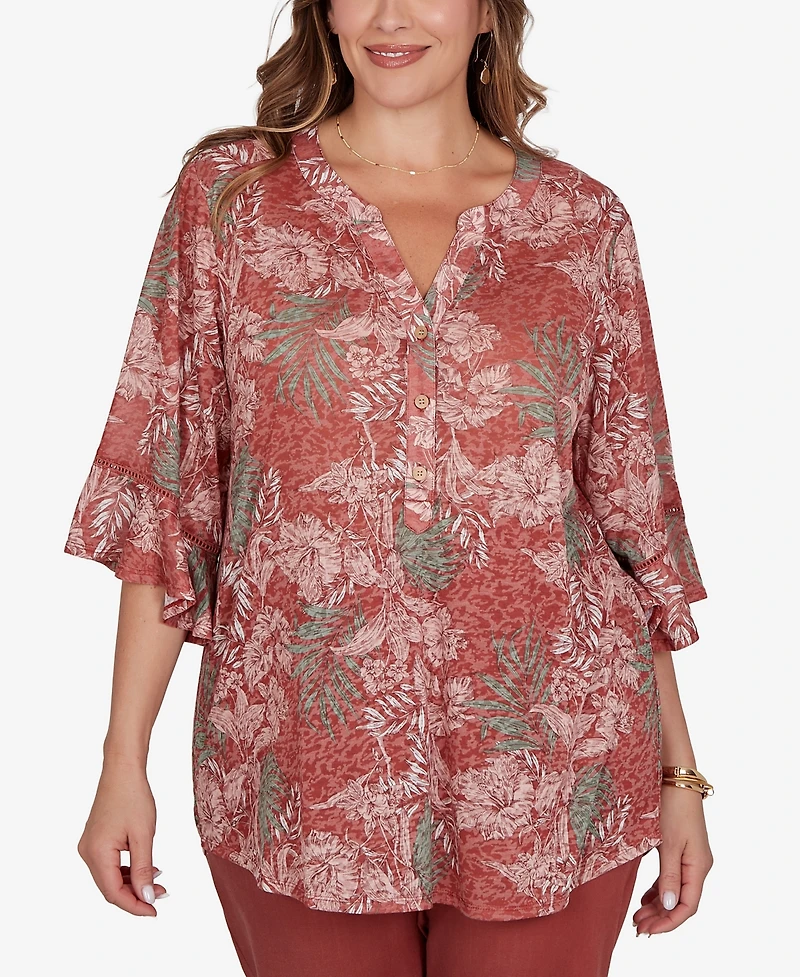 Ruby Rd. Plus Tropical Floral Burnout Split Neck Top