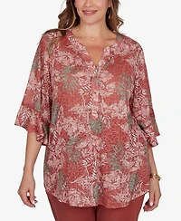 Ruby Rd. Plus Tropical Floral Burnout Split Neck Top
