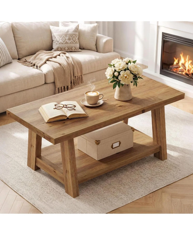 Tribesigns Rustic Solid Wood Coffee Table, 2-Tier Rectangle Accent Center Table with Lower Storage Shelf, Farmhouse Simple Cocktail Tea Tables