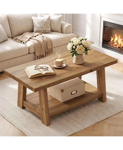 Tribesigns Rustic Solid Wood Coffee Table, 2-Tier Rectangle Accent Center Table with Lower Storage Shelf, Farmhouse Simple Cocktail Tea Tables