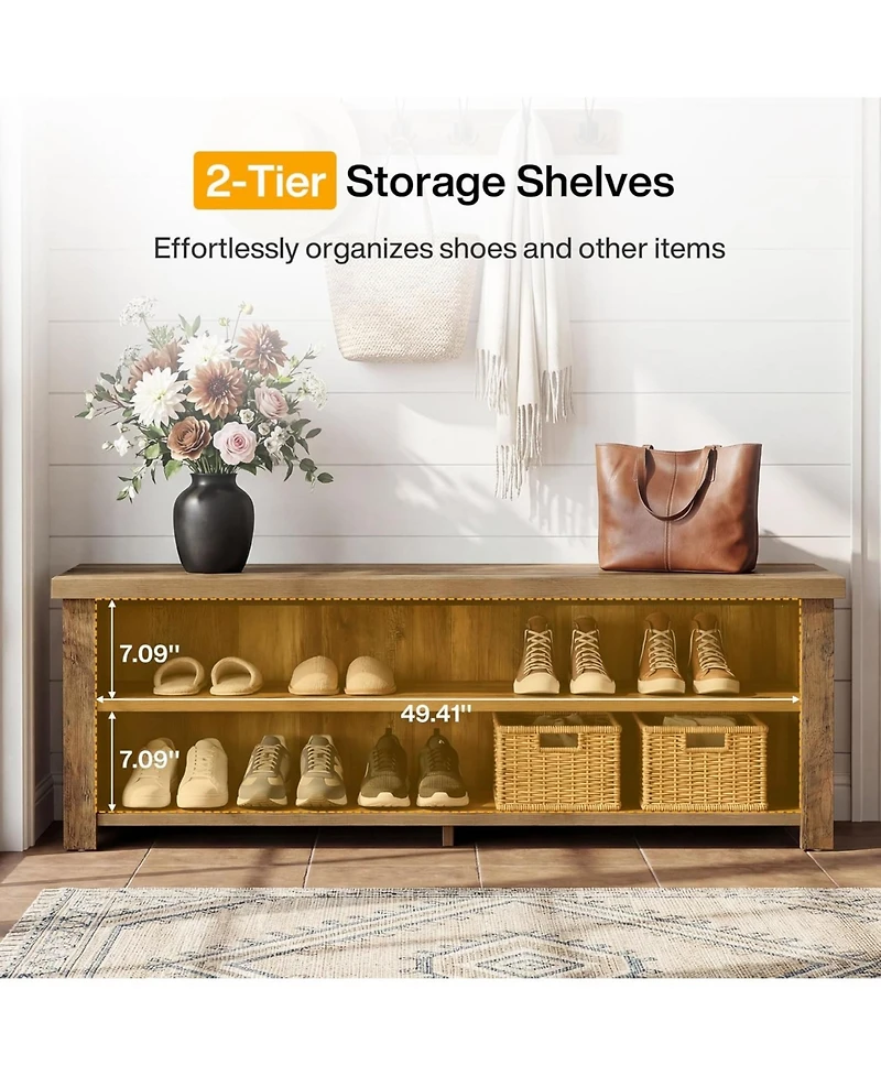 Tribesigns 55.12" Entryway Bench with Storage, Farmhouse Shoe Storage Bench with 2-Tier Shelves, Shoe Rack