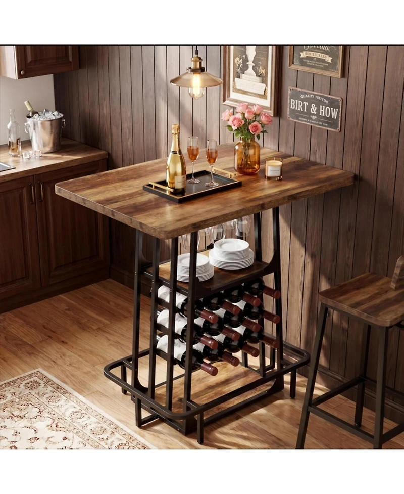 Tribesigns 3-Tier Industrial Bar Table, 39.4 Inch High Top and Counter Height Pub Table with Glass Holder and Wine Rack