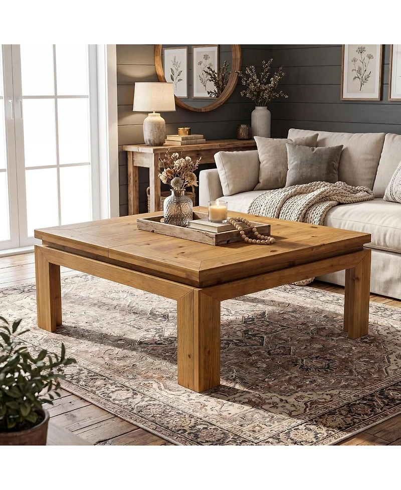 Tribesigns Solid Wood Square Coffee Table, 39.4" x 39.4" Farmhouse Cocktail Center Table with Recessed Edge Design, Easy Assembly