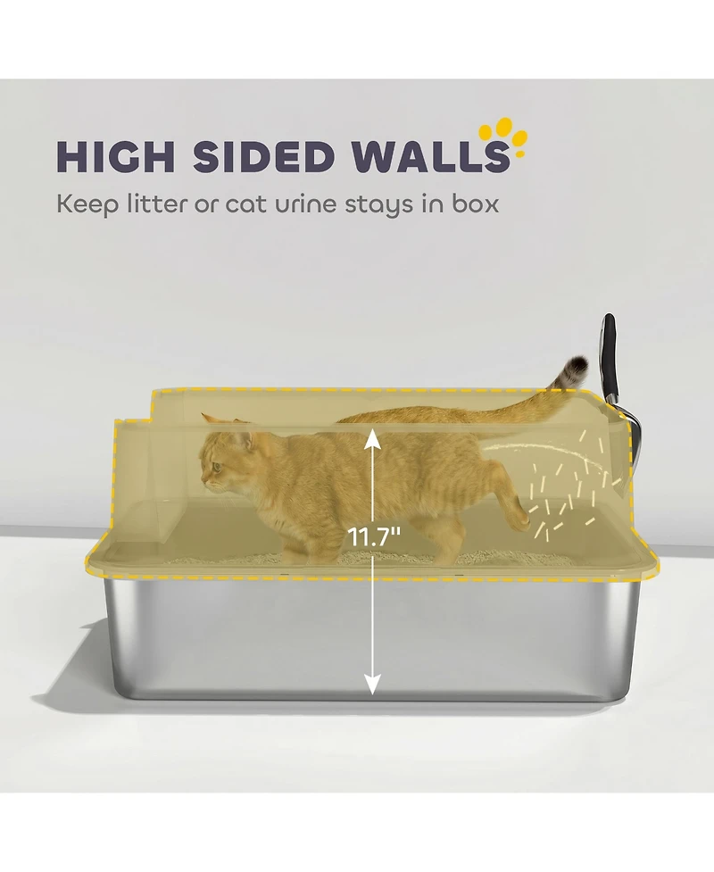 PawHut Xl Stainless Steel Cat Litter Box High Sided Include Scoop Pad