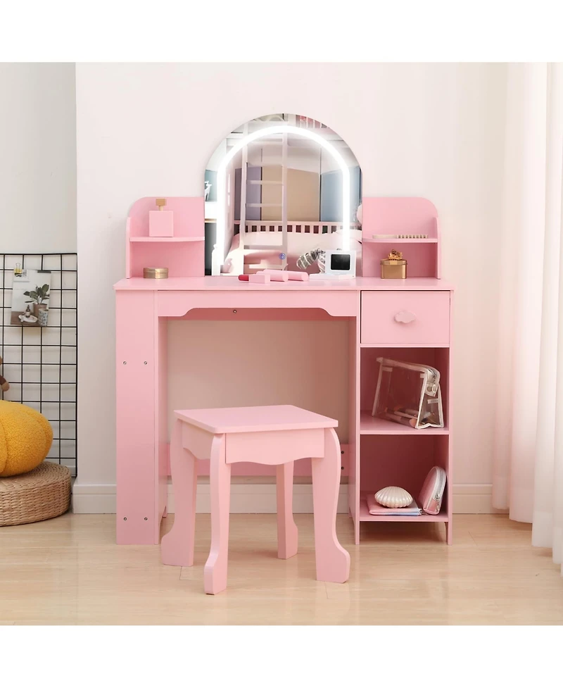 homfan Led Lighted Kids Vanity Table with Mirror, Stool, Bookshelf and Storage – Princess Wooden Makeup Desk for Girls Bedroom or Playroom
