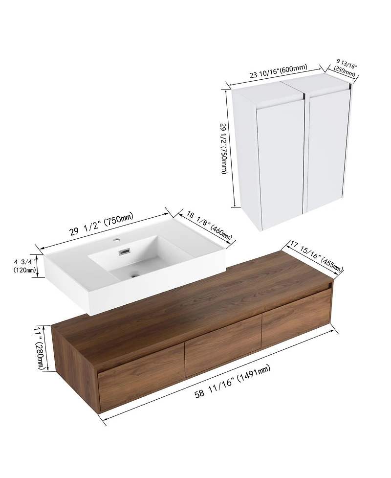 Sillysis Modern Floating Bathroom Vanity with Resin Sink, Three Drawers, Double Wall Mounted Side Cabinets for Ample Storage