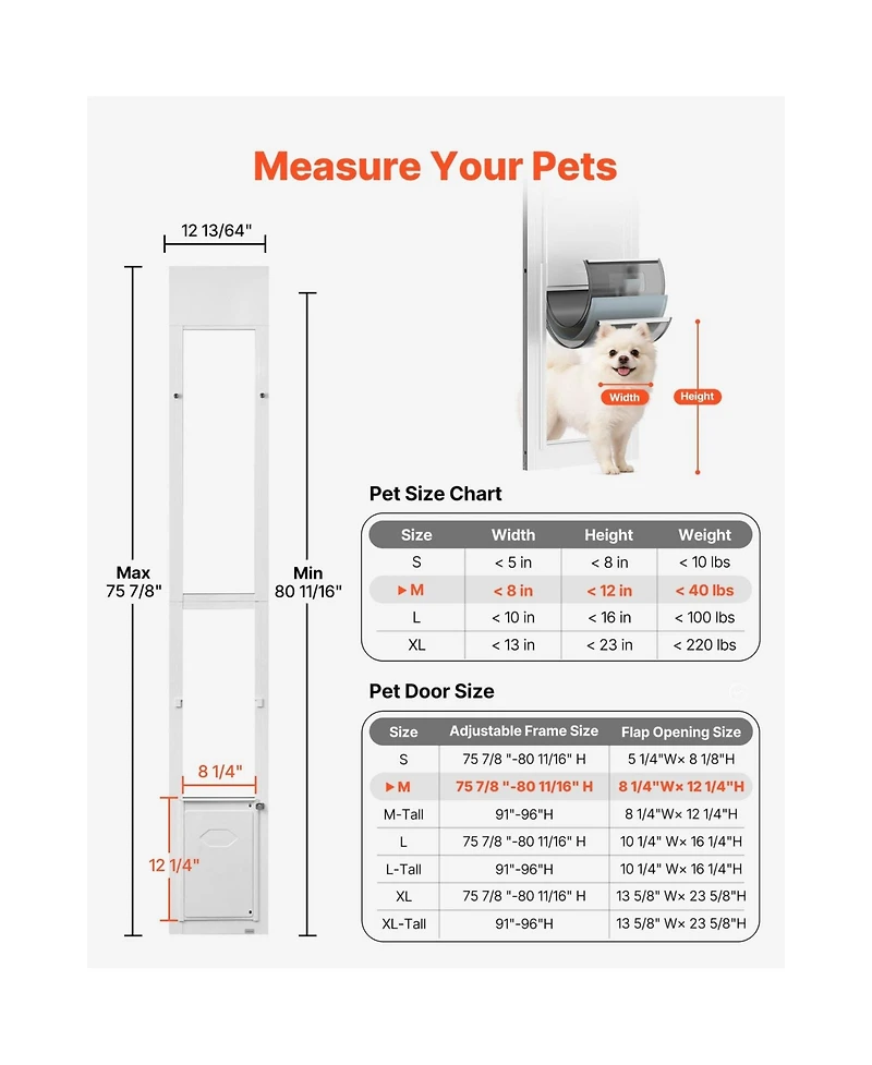 Cozito Dog Door for Sliding Glass Door Adjustable Height Medium Flap with Rotating Hinge