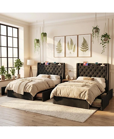 homfan 2 piece Upholstered Platform Bed Frame with Wingback Headboard, 4 Storage Drawers, Built-in Usb, Sturdy Wood Slats, Space-Saving, Easy Assembly