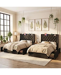 homfan 2 piece Upholstered Platform Bed Frame with Wingback Headboard, 4 Storage Drawers, Built-in Usb, Sturdy Wood Slats, Space-Saving, Easy Assembly
