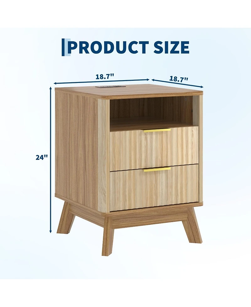gaomon 18" Modern Fluted Nightstand with Charging Station, Curved Profile Side Table 2 Drawers, Multi-Functional End for Bedroom