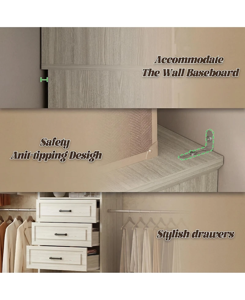 Aheaplus Wooden Closet Organizer with 4 Hanging Rods and 3 Drawers Mirror