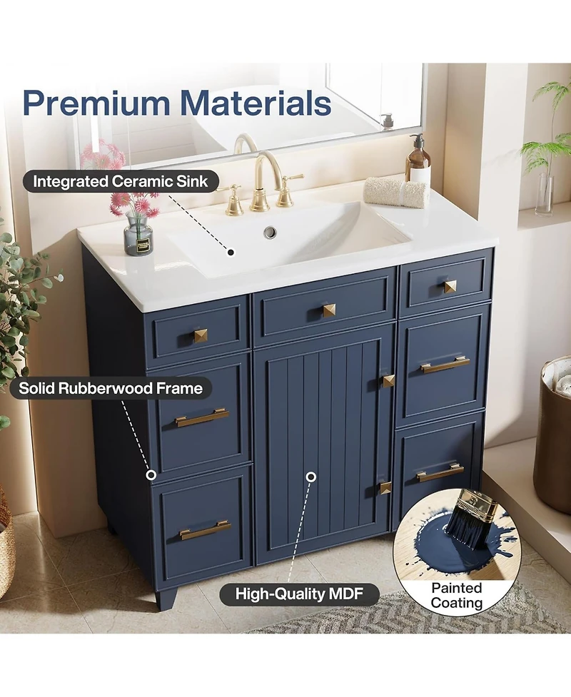 Tribesigns 36 Inch Bathroom Vanity with Sink, Modern Bathroom Cabinet with Soft-Closing Door and 4 Drawers, Adjustable Shelf, Solid Wood Frame
