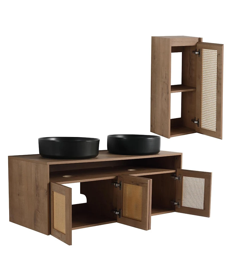 Sillysis 47 Inch Wall Mounted Double Bathroom Vanity Set, Modern Plywood Cabinet with Dual Vessel Sinks, Rotating Rattan Side Storage