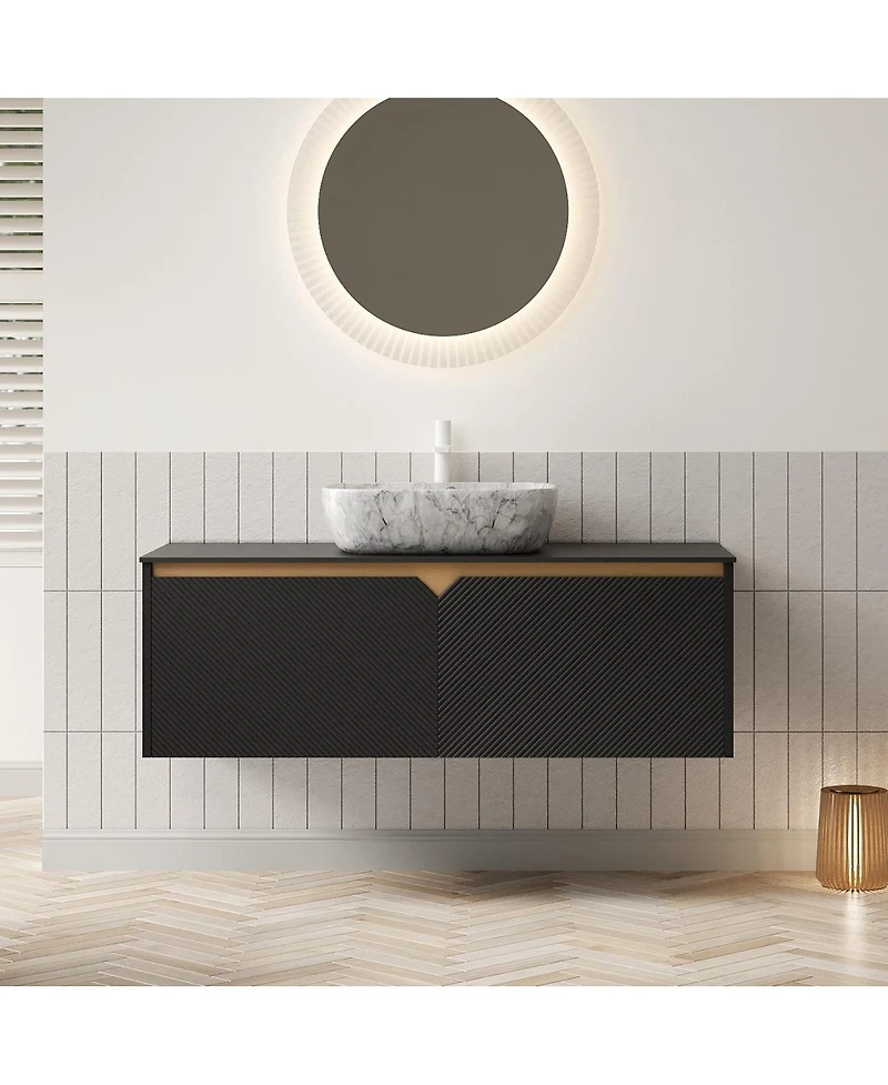 Sillysis Wall Mounted Bathroom Vanity with Sintered Stone Top, Volakas Marble Pattern Sink, Soft Close Doors