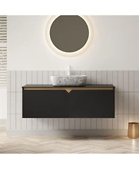 Sillysis Wall Mounted Bathroom Vanity With Sintered Stone Top Volakas Marble Pattern Sink Soft Close Doors Modern Floating Cabinet