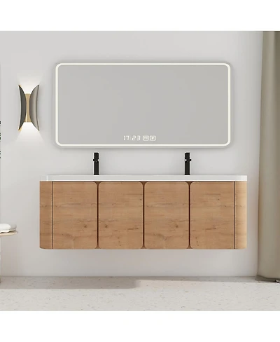 Sillysis 60 Inch Wall Mounted Modern Bathroom Vanity with Double Resin Sink, Soft Close Doors, Plywood Cabinet for Storage
