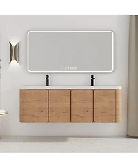 Sillysis 60 Inch Wall Mounted Modern Bathroom Vanity with Double Resin Sink, Soft Close Doors, Plywood Cabinet for Storage