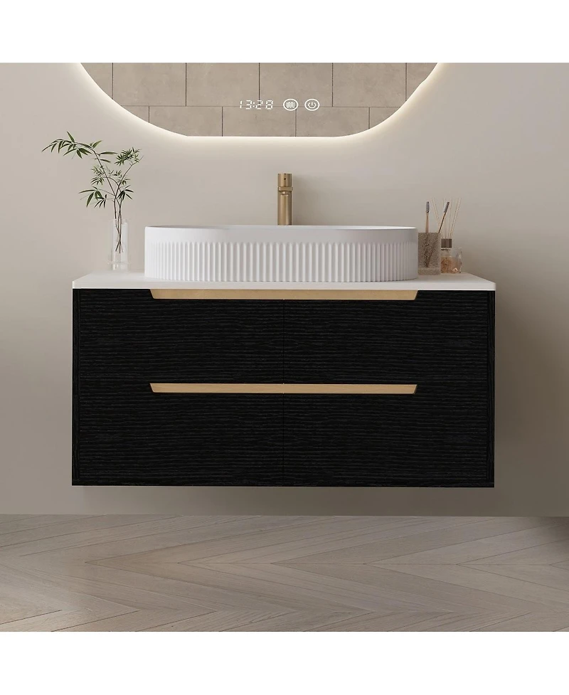 Thirtypeachy 36" Walnut Modern Sintered Stone Freestanding Bathroom Vanity Set, Ceramic Sink Included, 2 Drawers And Cabinets