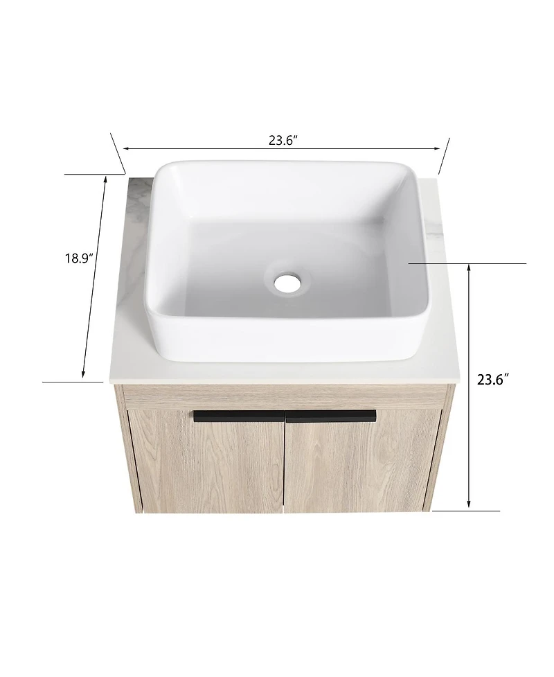 Sillysis Wall Mounted Bathroom Vanity with Ceramic Vessel Sink,Stone Top, Soft Close Doors, Modern Handle Design