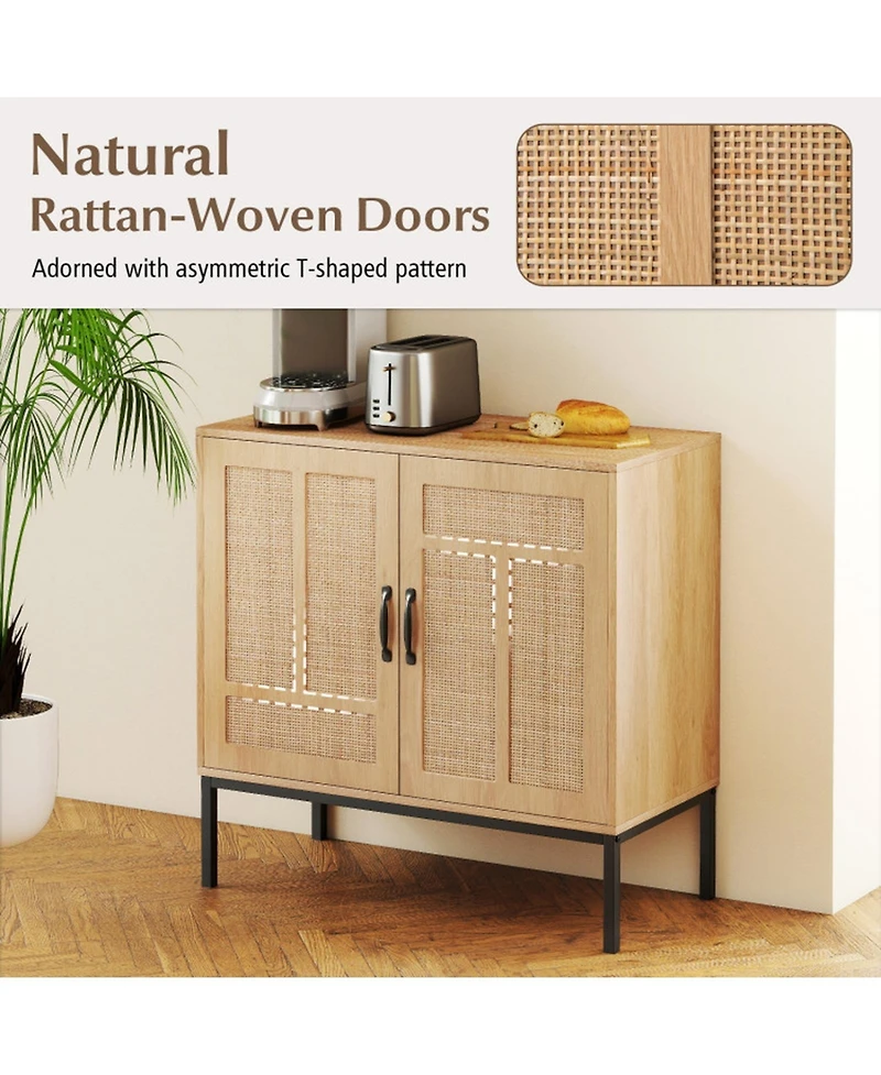 Gouun 31.5 x 32 inches Boho Rattan Storage Cabinet with Asymmetrical Doors and 250 lbs Capacity