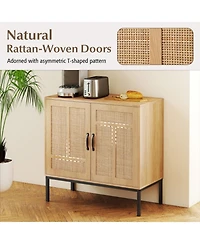 Gouun 31.5 x 32 inches Boho Rattan Storage Cabinet with Asymmetrical Doors and 250 lbs Capacity