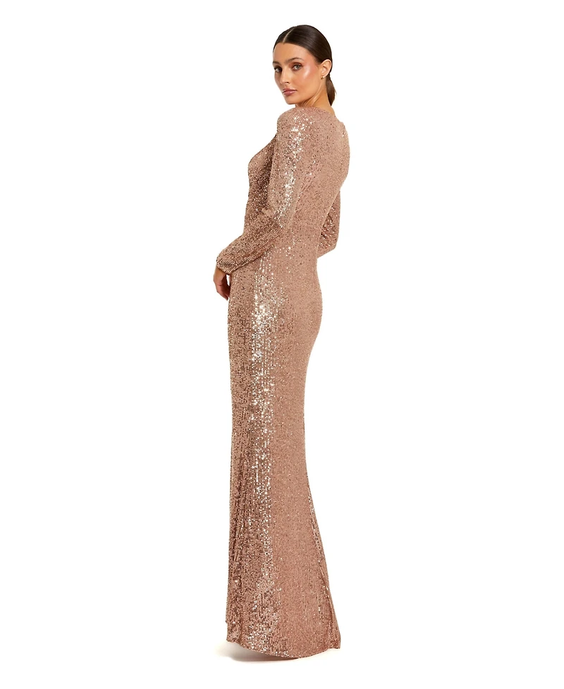 Mac Duggal Women's V-Neck Sequin Evening Gown with 3D Floral Applique
