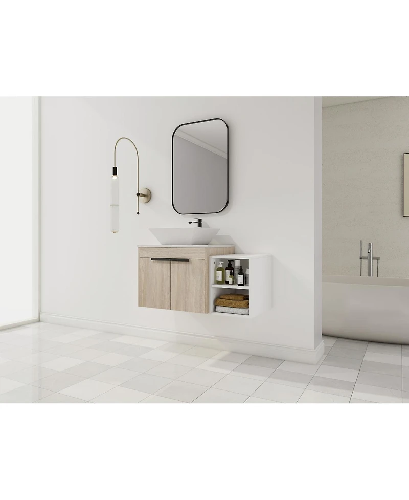 Sillysis Wall Mounted Bathroom Vanity with Ceramic Vessel Sink, Side Storage Shelf, Soft Close Doors