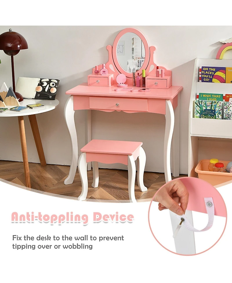 Gouun Kids Vanity Princess Makeup Dressing Table Stool Set with Mirror and Drawer