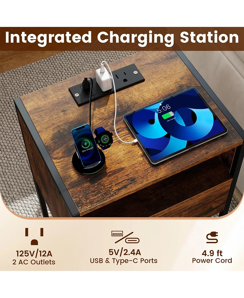Gymax Nightstand with Charging Station Bedside Table with Usb Ports and Outlets